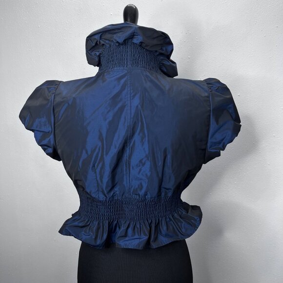 Forever 21 Cropped Bolero Jacket L Taffeta Ruffle Peplum Blue Holiday Party - Picture 3 of 5